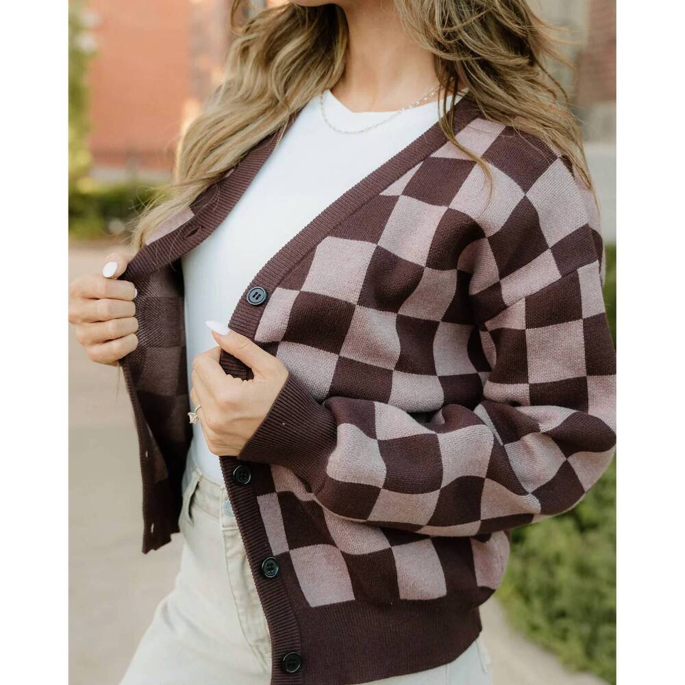 NEW INDIE & CO hunter checker cardigan in brown - Picture 4 of 8